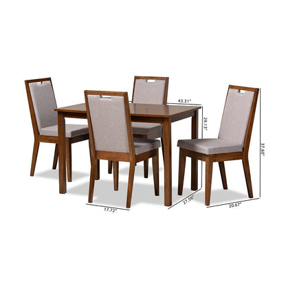 Grey Fabric Upholstered and Walnut Brown Finished Wood 5-Piece Dining Set