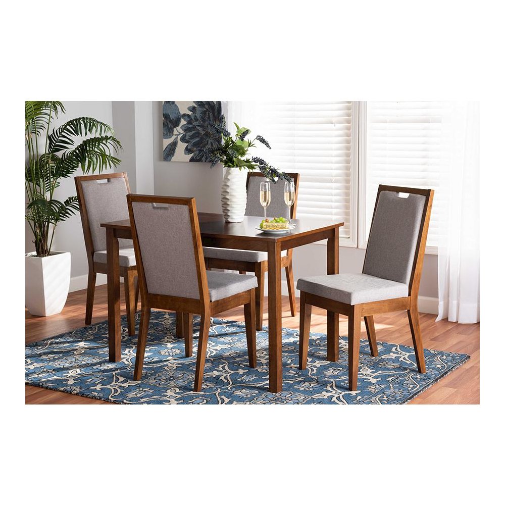 Grey Fabric Upholstered and Walnut Brown Finished Wood 5-Piece Dining Set