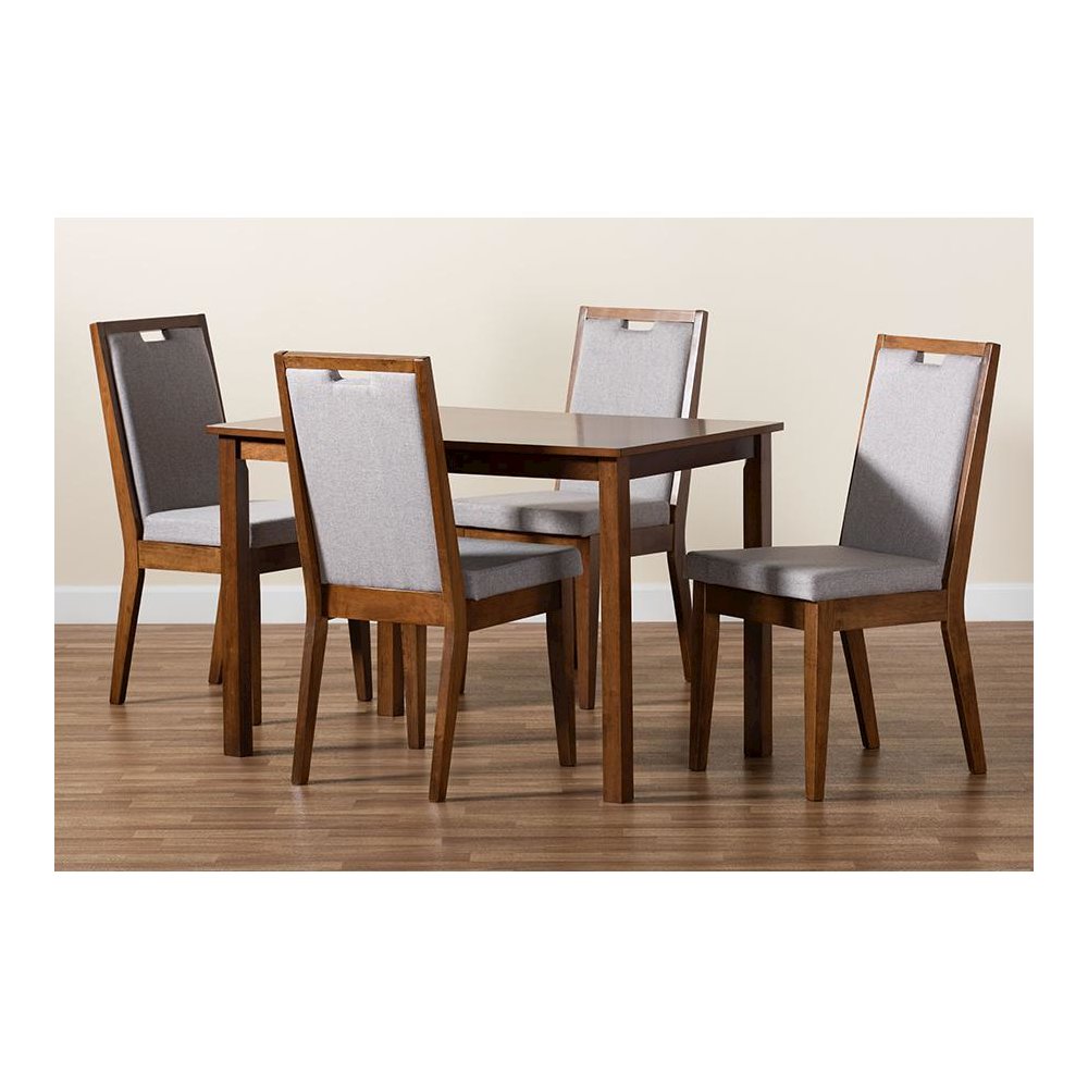 Grey Fabric Upholstered and Walnut Brown Finished Wood 5-Piece Dining Set