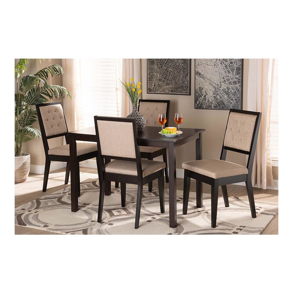 Sand Fabric Upholstered and Dark Brown Finished Wood 5-Piece Dining Set