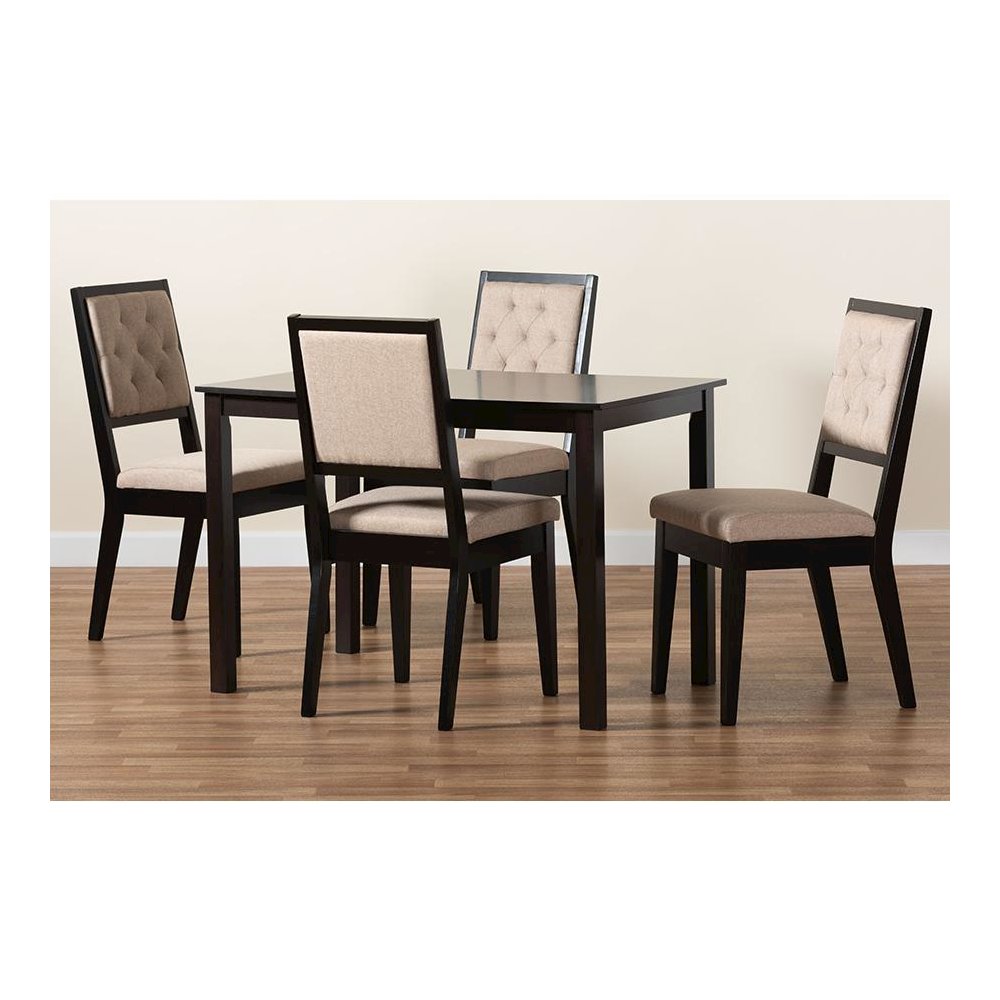 Sand Fabric Upholstered and Dark Brown Finished Wood 5-Piece Dining Set