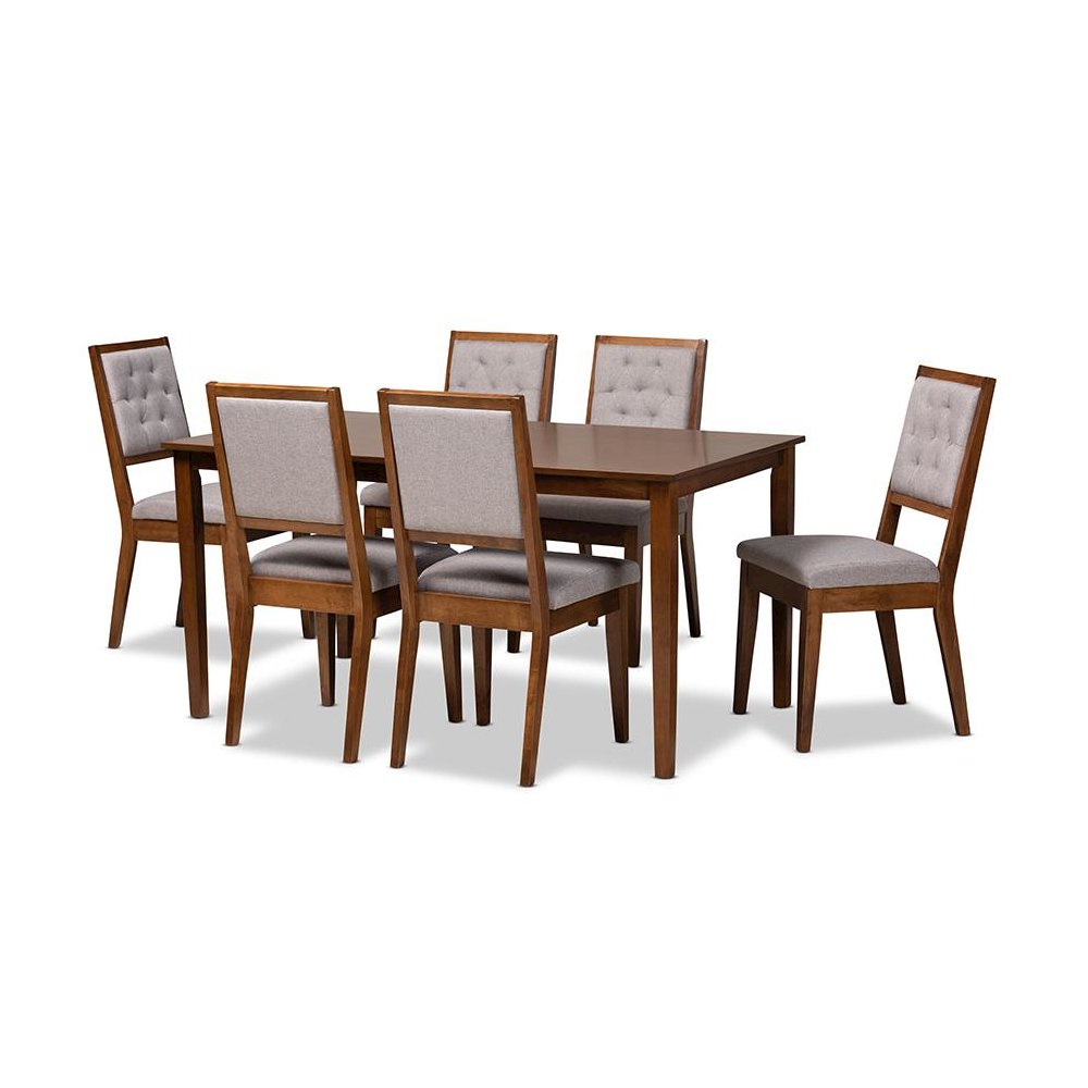 Grey Fabric Upholstered and Walnut Brown Finished Wood 7-Piece Dining Set
