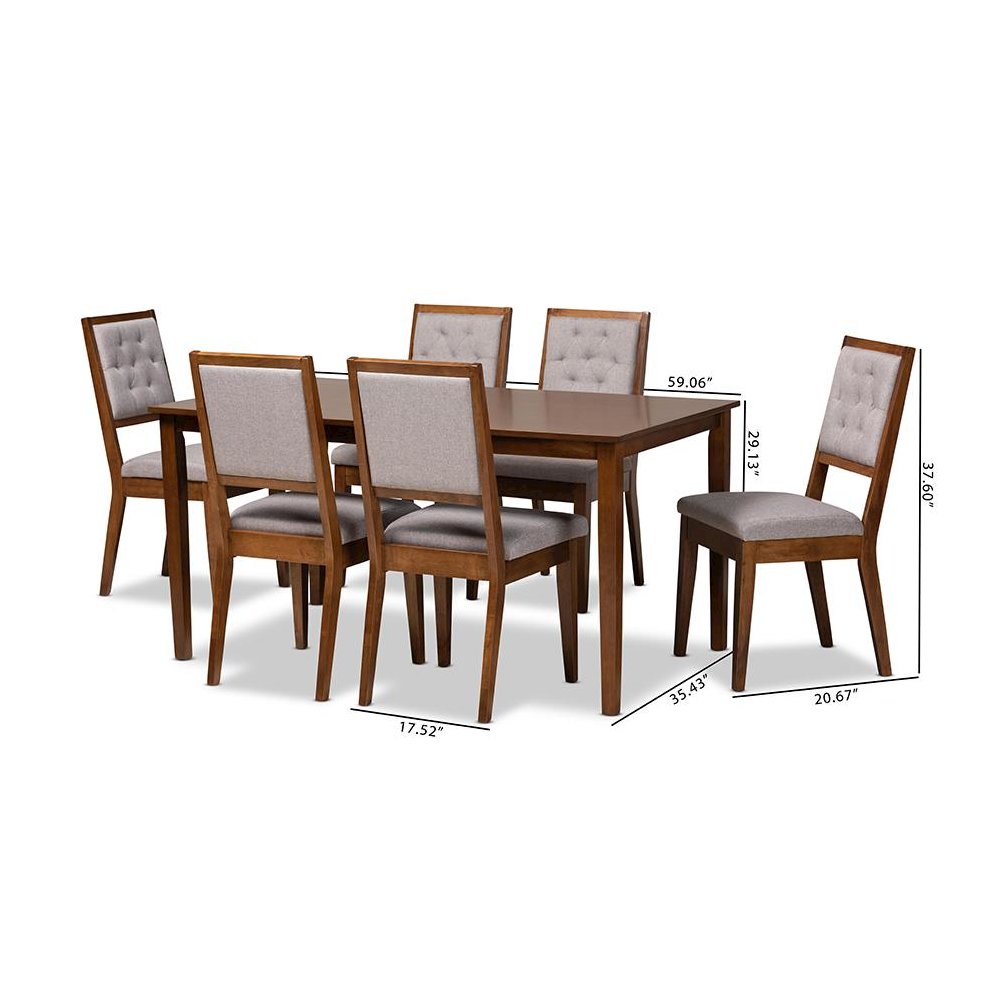 Grey Fabric Upholstered and Walnut Brown Finished Wood 7-Piece Dining Set