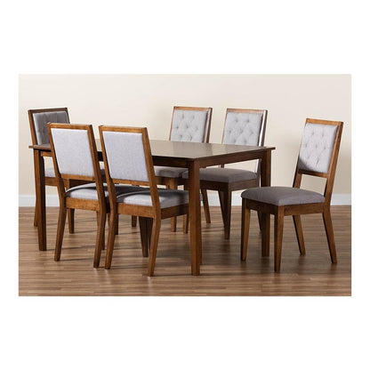 Grey Fabric Upholstered and Walnut Brown Finished Wood 7-Piece Dining Set