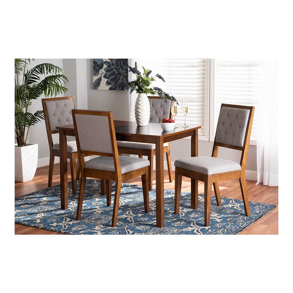 Grey Fabric Upholstered and Walnut Brown Finished Wood 5-Piece Dining Set