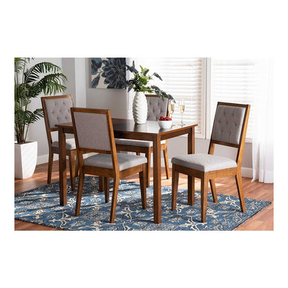 Grey Fabric Upholstered and Walnut Brown Finished Wood 5-Piece Dining Set