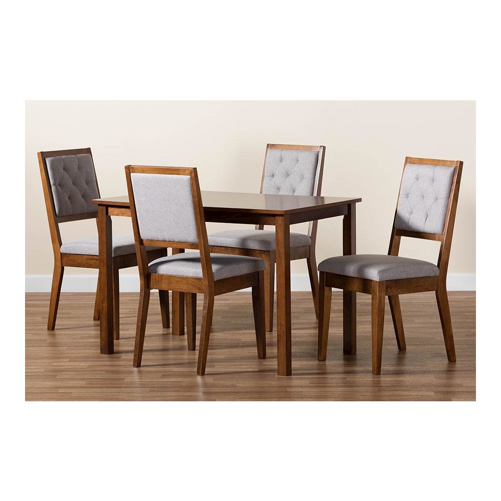 Grey Fabric Upholstered and Walnut Brown Finished Wood 5-Piece Dining Set