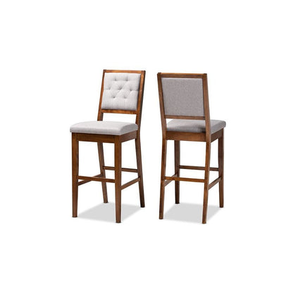Grey Fabric Upholstered and Walnut Brown Finished Wood 2-Piece Bar Stool Set