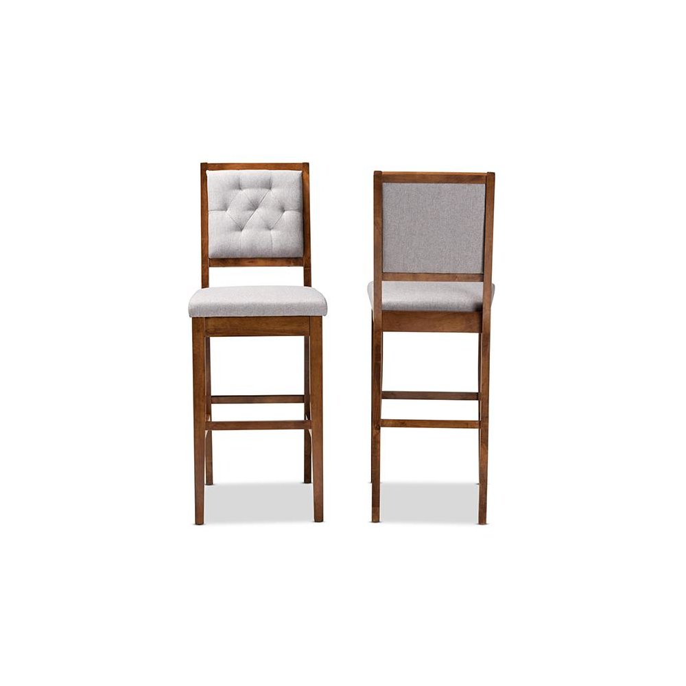 Grey Fabric Upholstered and Walnut Brown Finished Wood 2-Piece Bar Stool Set