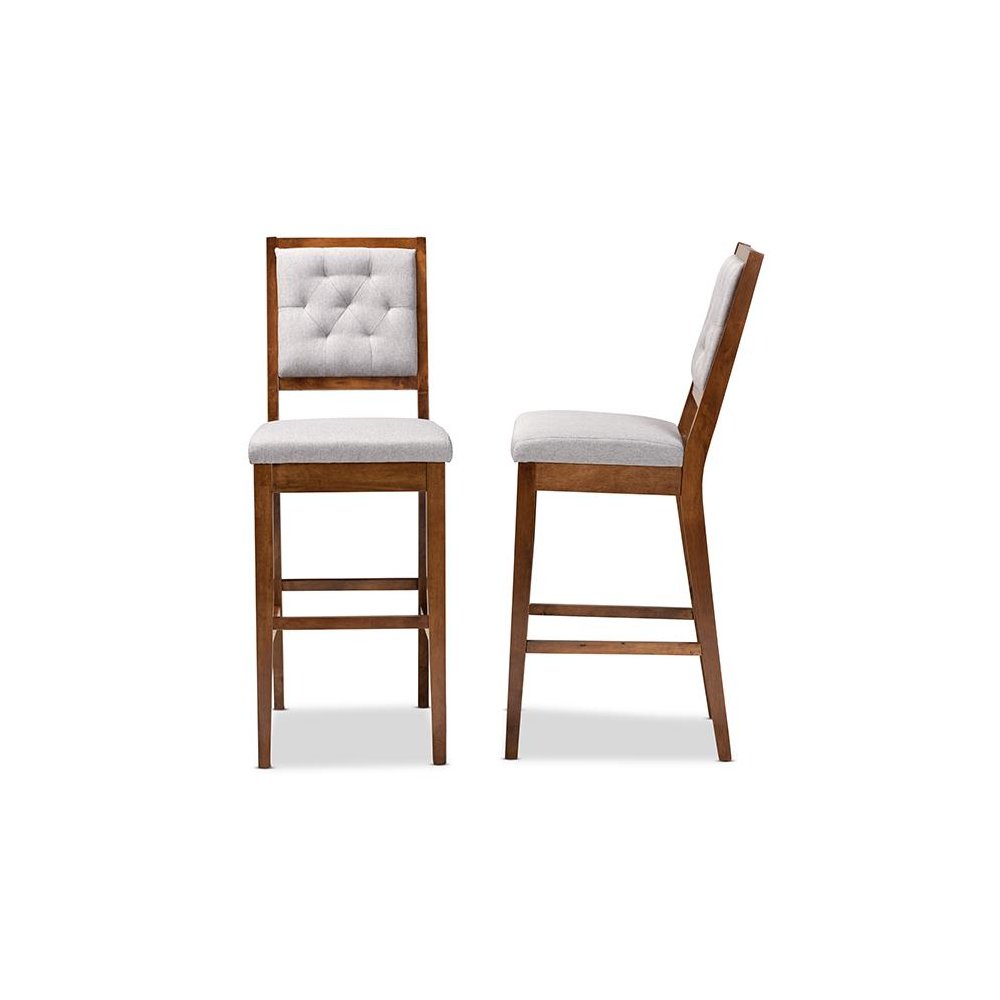 Grey Fabric Upholstered and Walnut Brown Finished Wood 2-Piece Bar Stool Set