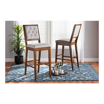 Grey Fabric Upholstered and Walnut Brown Finished Wood 2-Piece Bar Stool Set