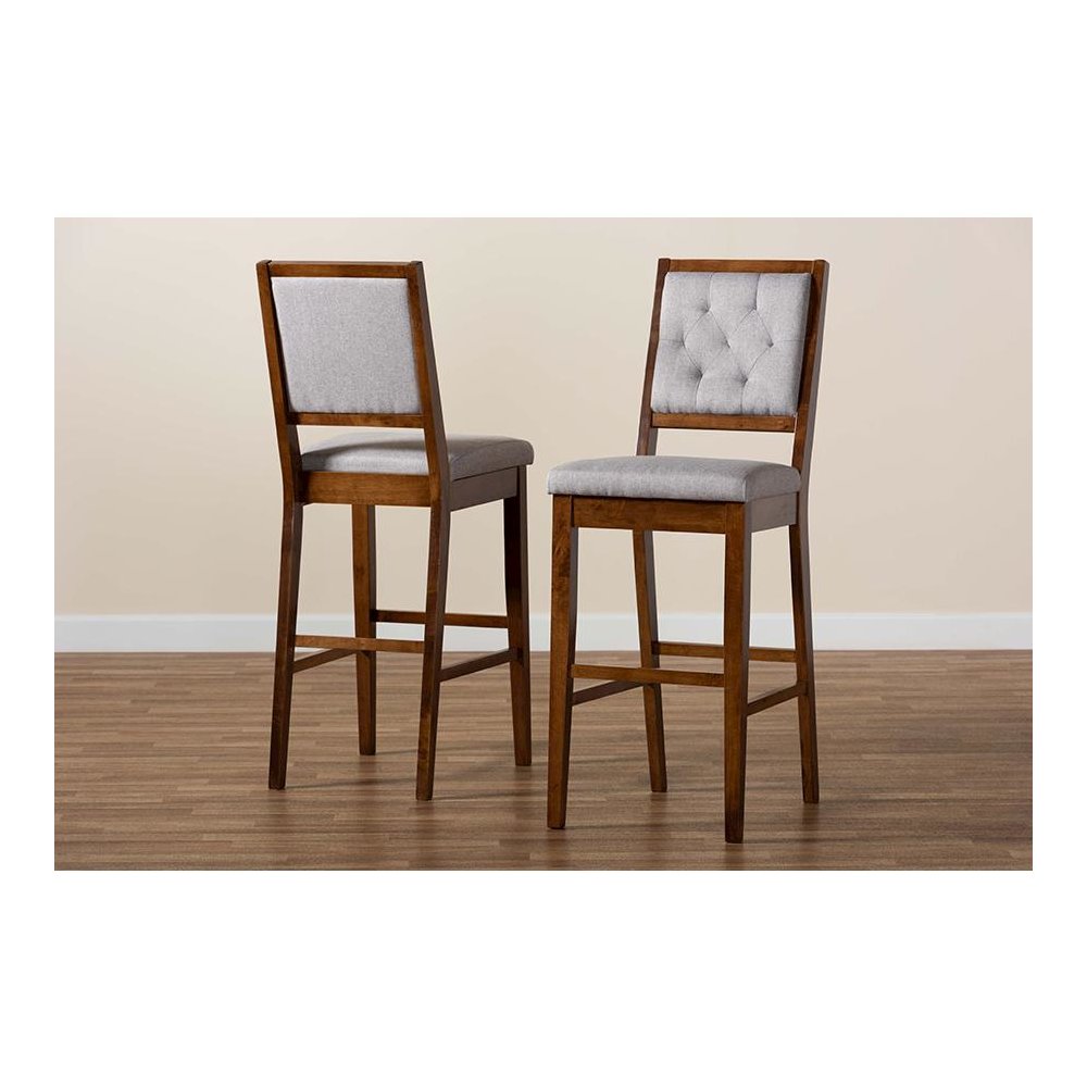 Grey Fabric Upholstered and Walnut Brown Finished Wood 2-Piece Bar Stool Set