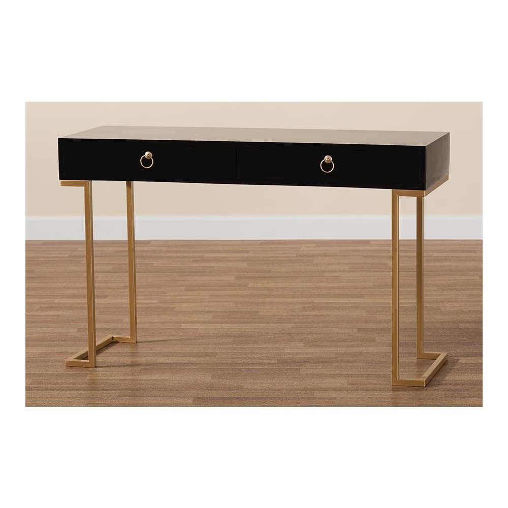 Black Finished Wood and Gold Metal 2-Drawer Console Table
