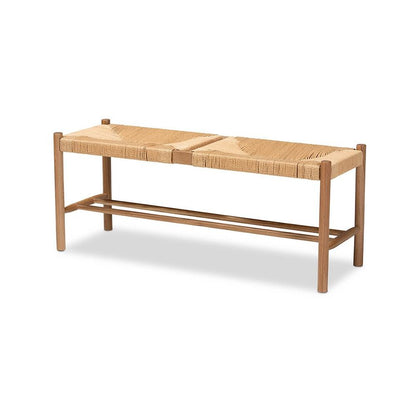 Saura Mid-Century Modern Oak Brown Finished Wood and Hemp Dining Bench