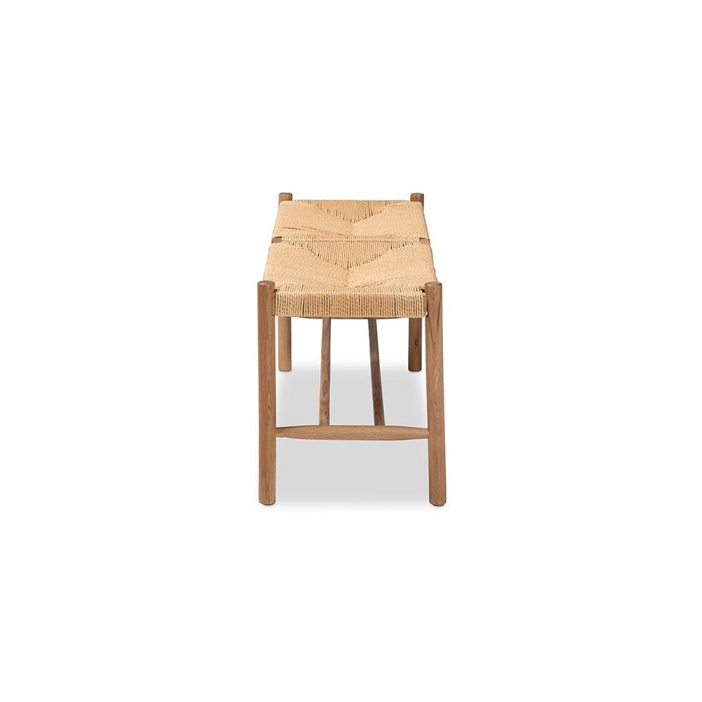 Saura Mid-Century Modern Oak Brown Finished Wood and Hemp Dining Bench