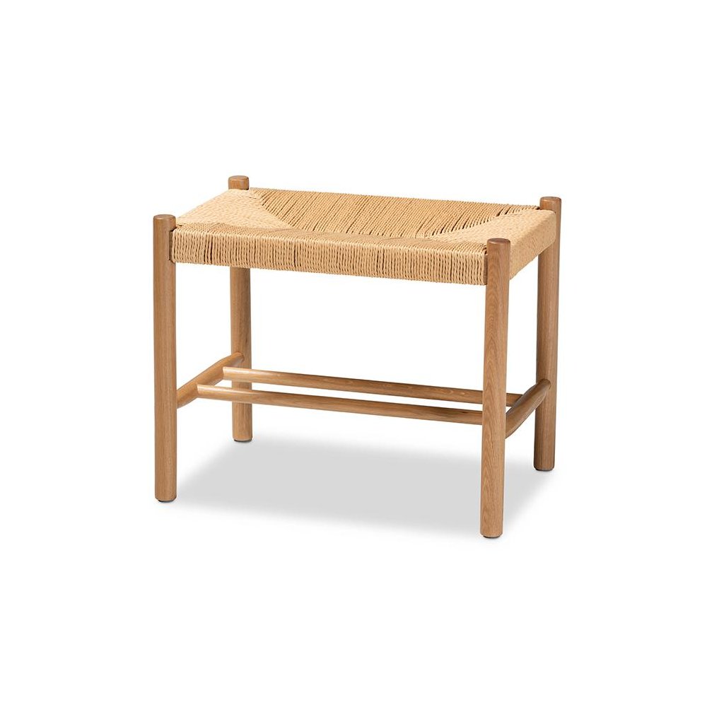 Saura Mid-Century Modern Oak Brown Finished Wood and Hemp Accent Bench