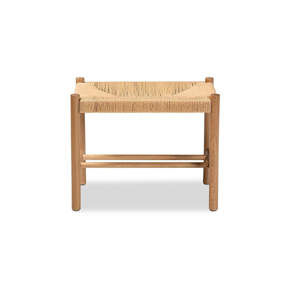 Saura Mid-Century Modern Oak Brown Finished Wood and Hemp Accent Bench