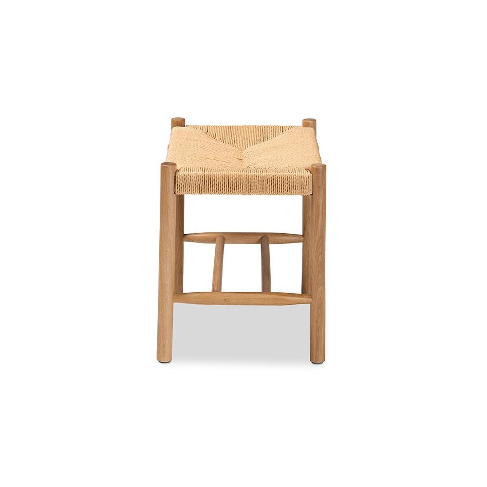Saura Mid-Century Modern Oak Brown Finished Wood and Hemp Accent Bench