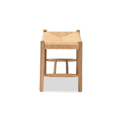 Saura Mid-Century Modern Oak Brown Finished Wood and Hemp Accent Bench