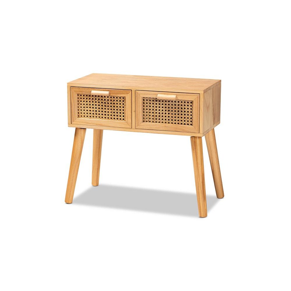 Oak Brown Finished Wood 2-Drawer Console Table with Rattan