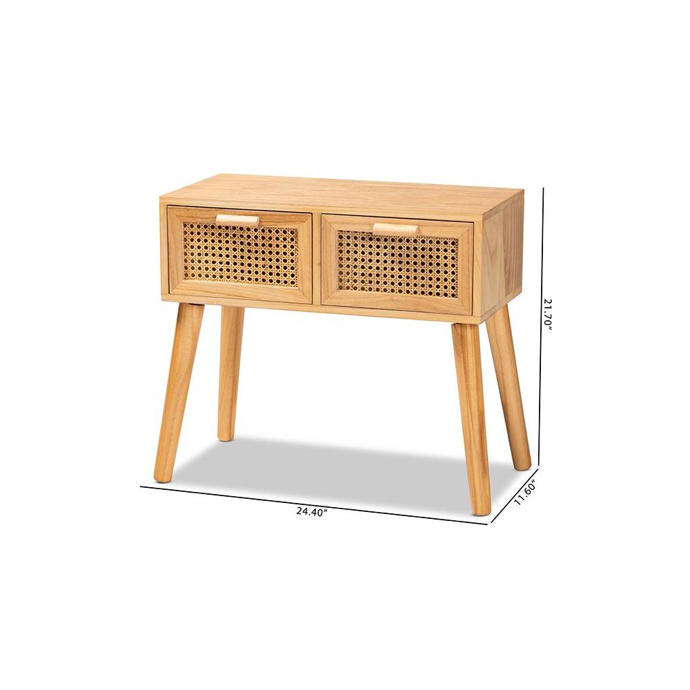 Oak Brown Finished Wood 2-Drawer Console Table with Rattan