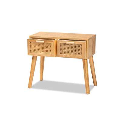 Oak Brown Finished Wood 2-Drawer Console Table with Rattan