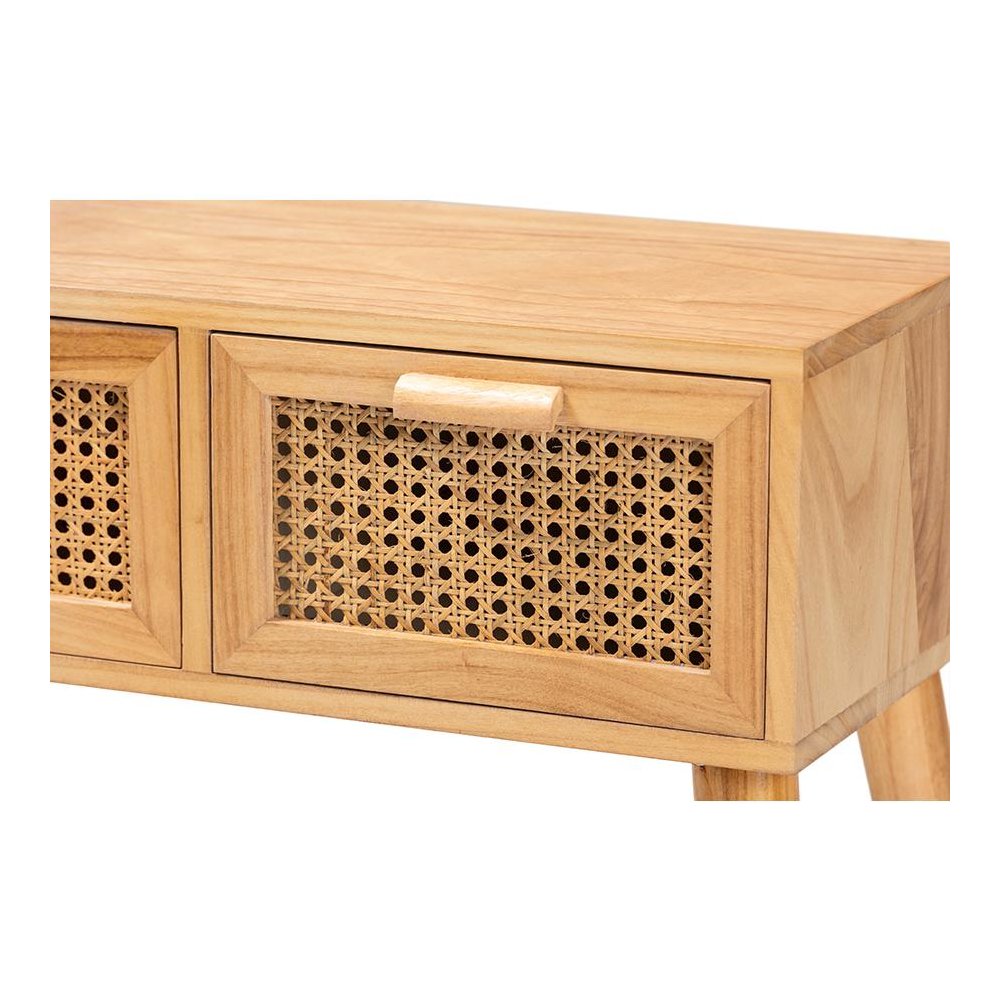Oak Brown Finished Wood 2-Drawer Console Table with Rattan