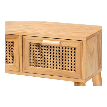 Oak Brown Finished Wood 2-Drawer Console Table with Rattan