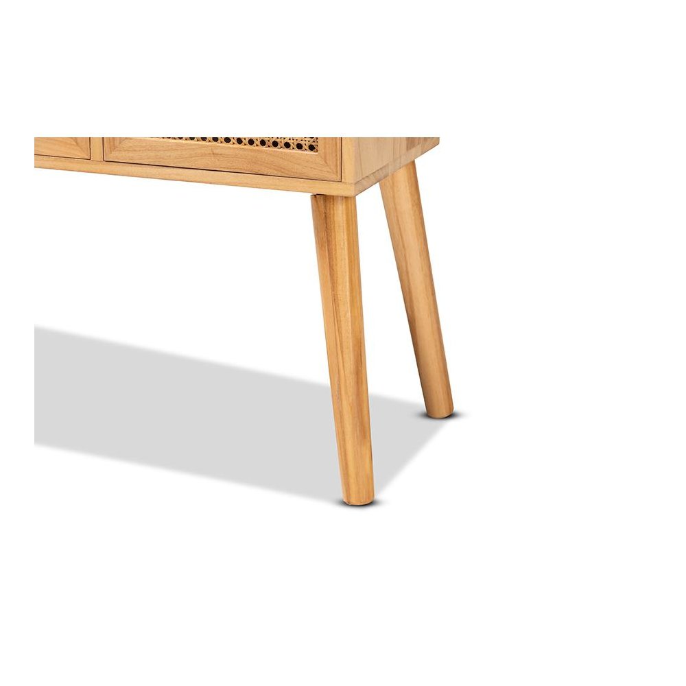 Oak Brown Finished Wood 2-Drawer Console Table with Rattan