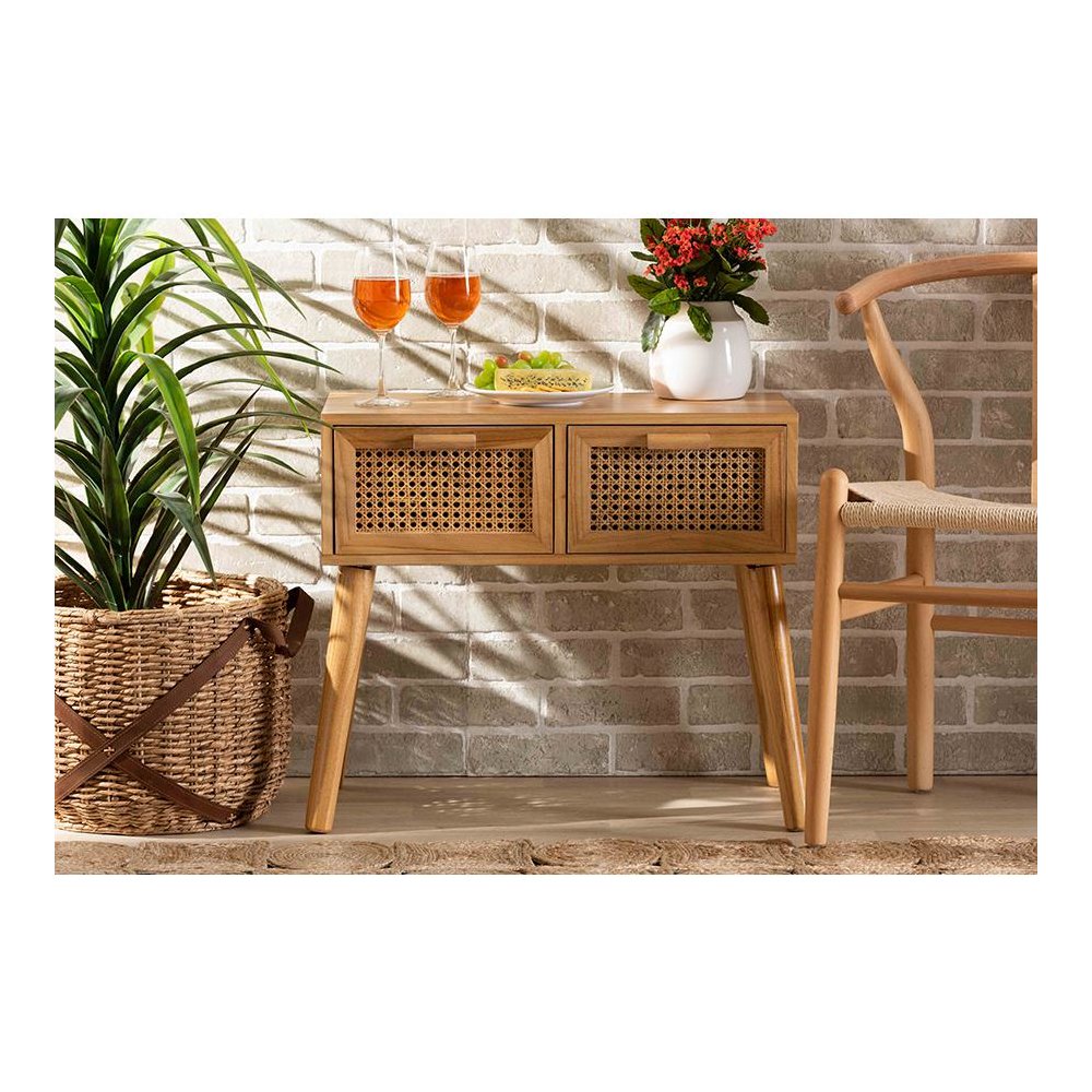 Oak Brown Finished Wood 2-Drawer Console Table with Rattan