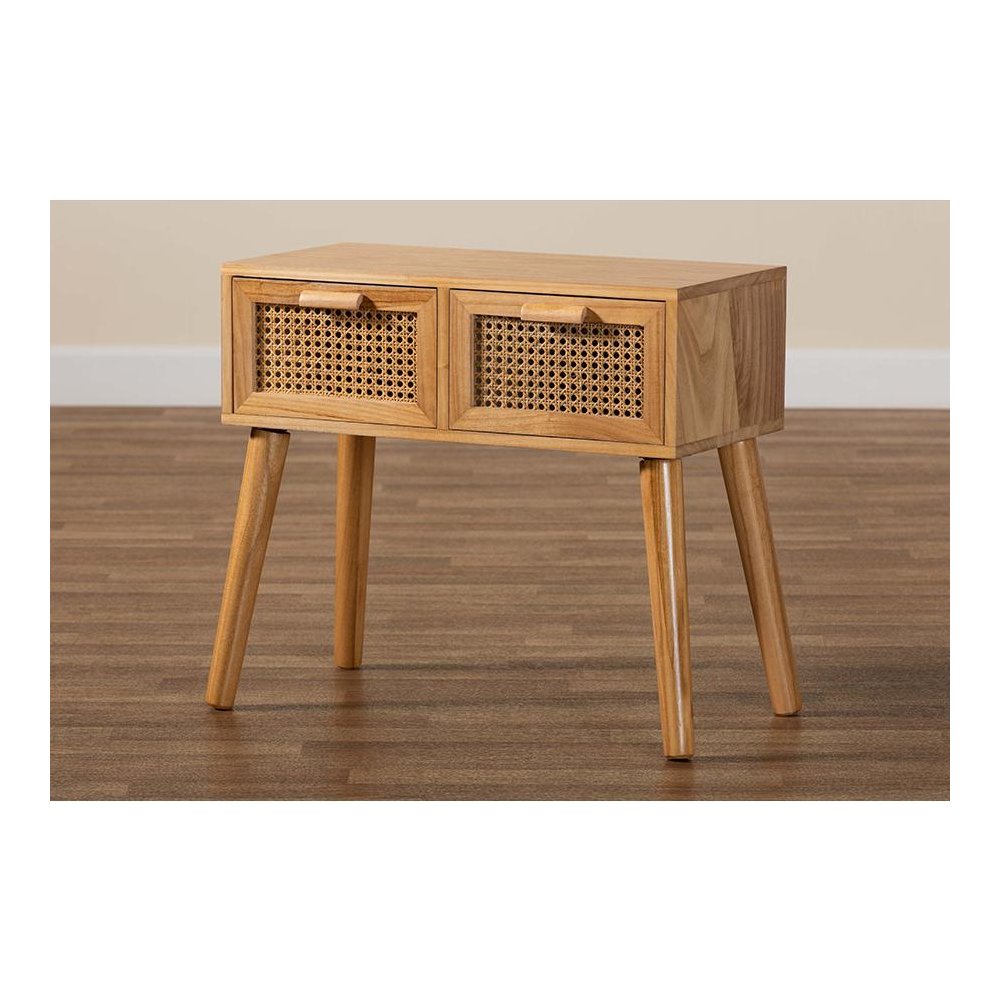Oak Brown Finished Wood 2-Drawer Console Table with Rattan