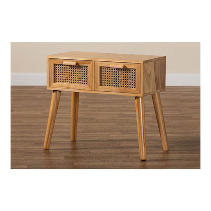 Oak Brown Finished Wood 2-Drawer Console Table with Rattan