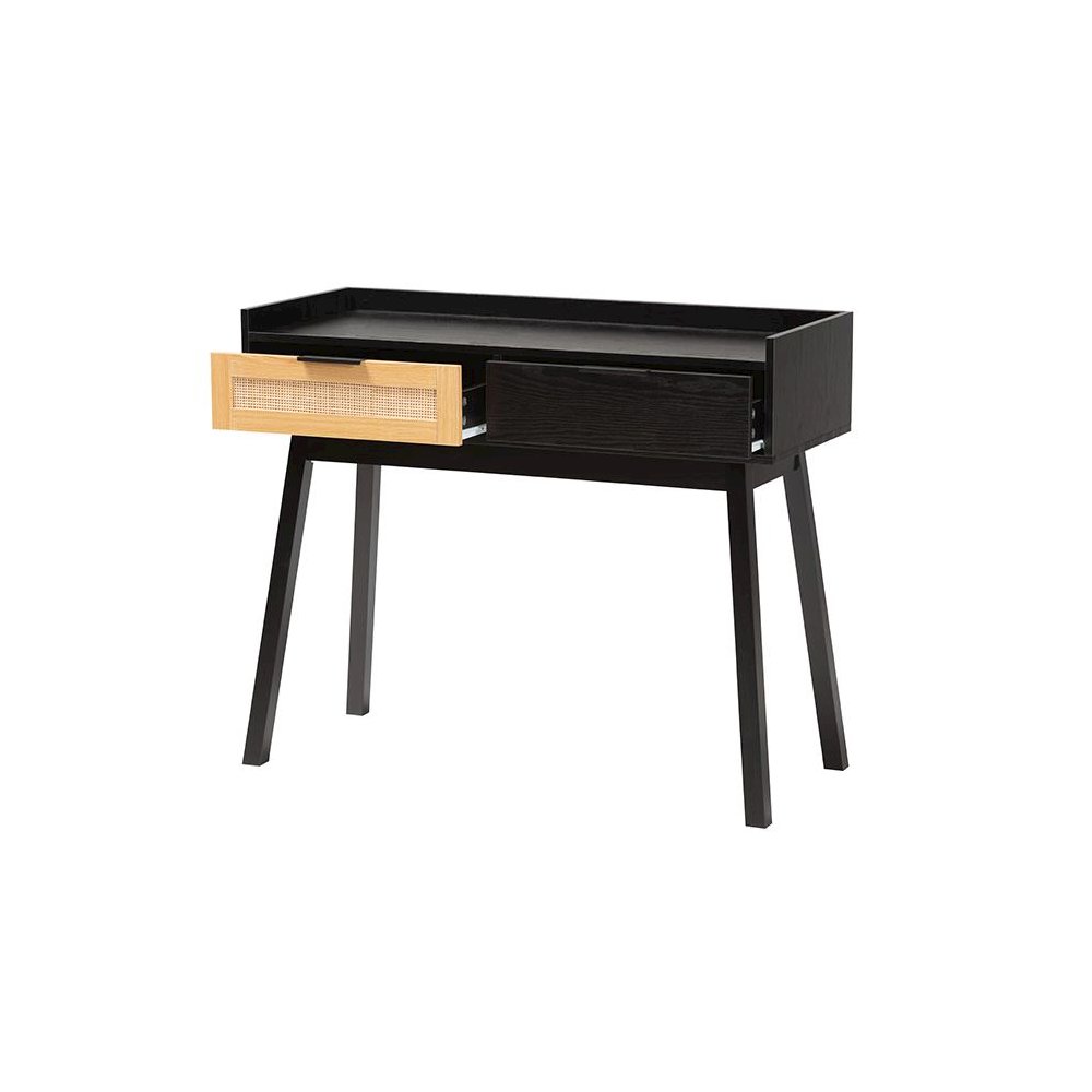 Two-Tone Espresso Brown and Natural Brown Finished Wood 2-Drawer Console Table