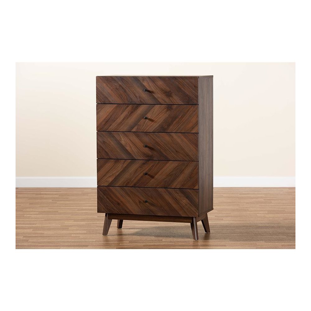 Hartman Mid-Century Modern Walnut Brown Finished Wood 5-Drawer Storage Chest