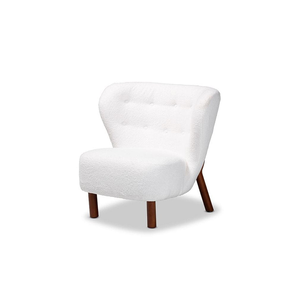 White Boucle Upholstered and Walnut Brown Finished Wood Accent Chair