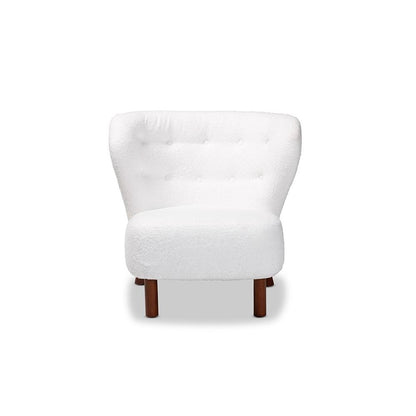 White Boucle Upholstered and Walnut Brown Finished Wood Accent Chair