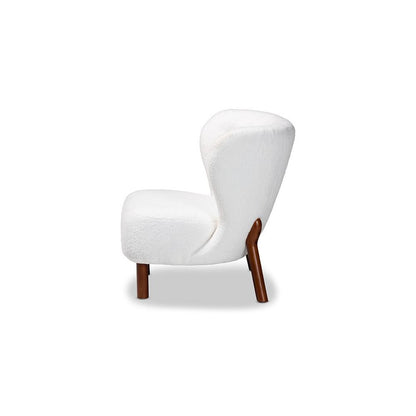 White Boucle Upholstered and Walnut Brown Finished Wood Accent Chair