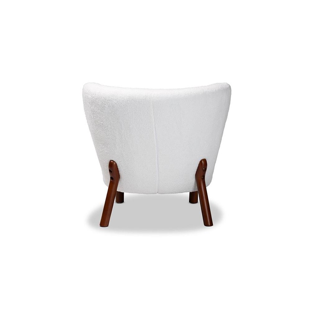 White Boucle Upholstered and Walnut Brown Finished Wood Accent Chair