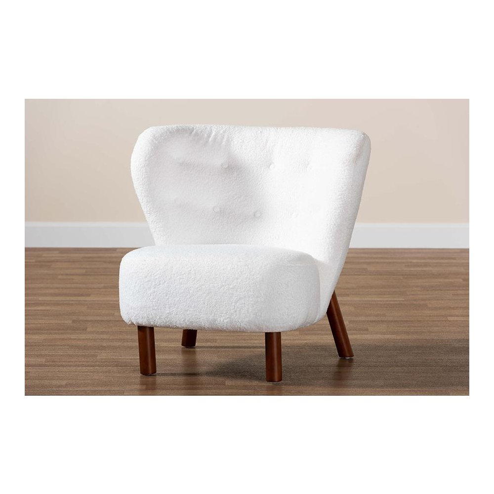 White Boucle Upholstered and Walnut Brown Finished Wood Accent Chair