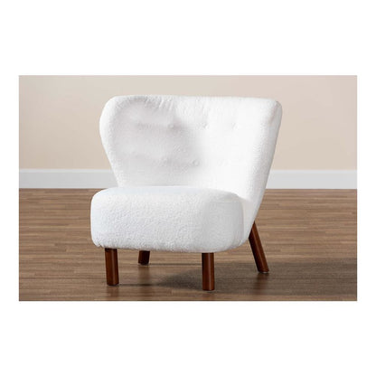 White Boucle Upholstered and Walnut Brown Finished Wood Accent Chair
