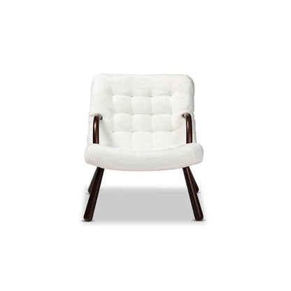 White Sherpa Upholstered and Walnut Brown Finished Wood Accent Chair