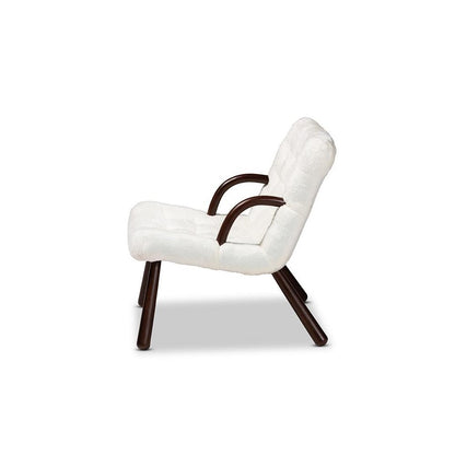 White Sherpa Upholstered and Walnut Brown Finished Wood Accent Chair