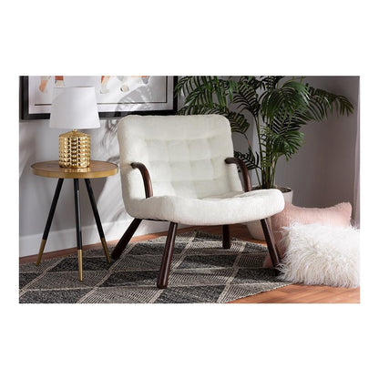 White Sherpa Upholstered and Walnut Brown Finished Wood Accent Chair