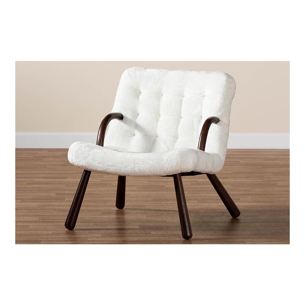 White Sherpa Upholstered and Walnut Brown Finished Wood Accent Chair