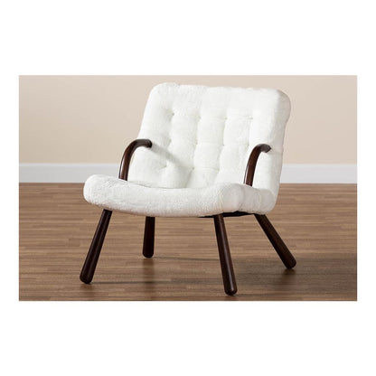White Sherpa Upholstered and Walnut Brown Finished Wood Accent Chair