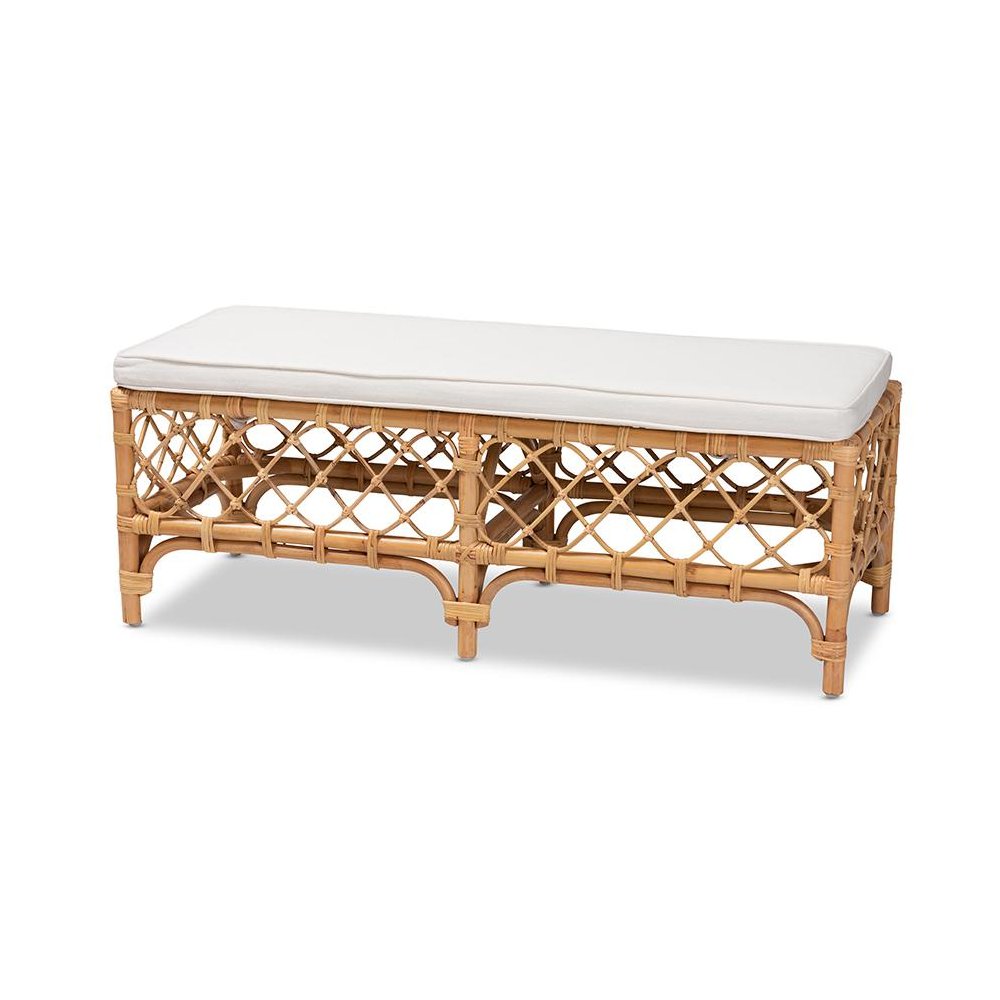 Bohemian White Fabric Upholstered and Natural Brown Rattan Bench