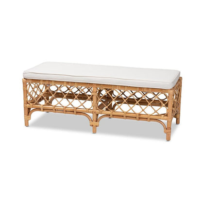 Bohemian White Fabric Upholstered and Natural Brown Rattan Bench