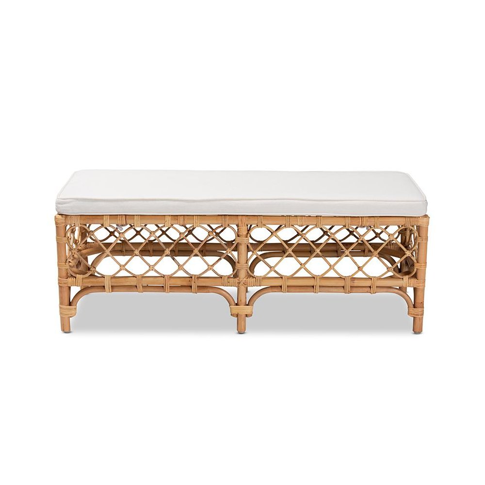 Bohemian White Fabric Upholstered and Natural Brown Rattan Bench