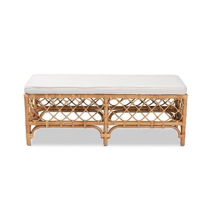 Bohemian White Fabric Upholstered and Natural Brown Rattan Bench