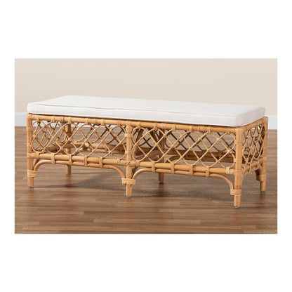 Bohemian White Fabric Upholstered and Natural Brown Rattan Bench